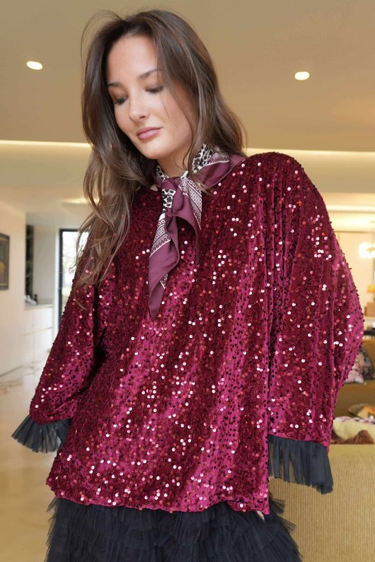 Vivie Velvet Sequin Top Burgundy